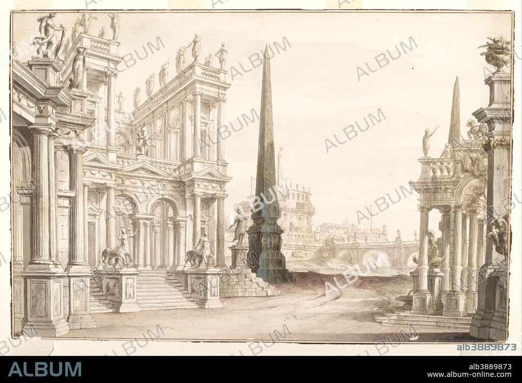 UNKNOWN. Set Design showing Fantasy of Rome with the Castel Sant 'Angelo, the Ponte Elio and the Centaurs Aristens and Pappias. Date/Period: Ca. 1740. Drawing. Pen and brown ink, brush and brown and gray watercolor on white laid paper. Height: 320 mm (12.59 in); Width: 482 mm (18.97 in).