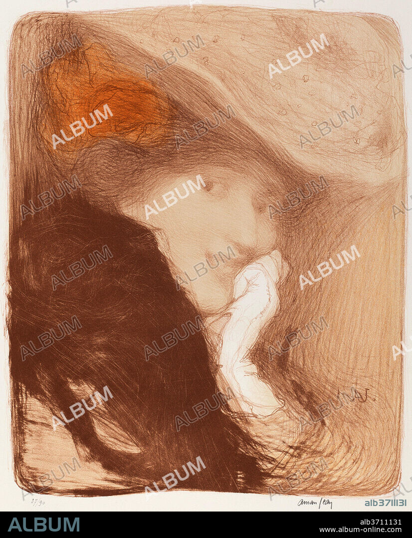 EDMOND AMAN-JEAN. La Rieuse: Madame Albert Besnard. Dated: 1897. Dimensions: image: 42.5 x 34.5 cm (16 3/4 x 13 9/16 in.) (irregular)  sheet: 63.8 x 47.2 cm (25 1/8 x 18 9/16 in.). Medium: color lithograph, printed in two shades of brown and gold on wove paper.