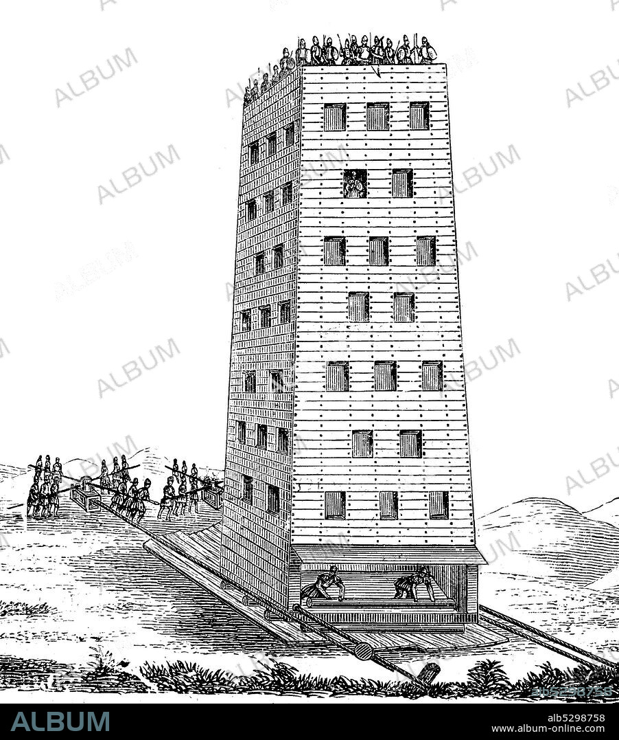 siege tower or breaching tower or siege engine from the time of the second crusade  /  Belagerungsturm, Wandelturm aus dem 2. Kreuzzug, Historisch, digital improved reproduction of an original from the 19th century / digitale Reproduktion einer Originalvorlage aus dem 19. Jahrhundert.