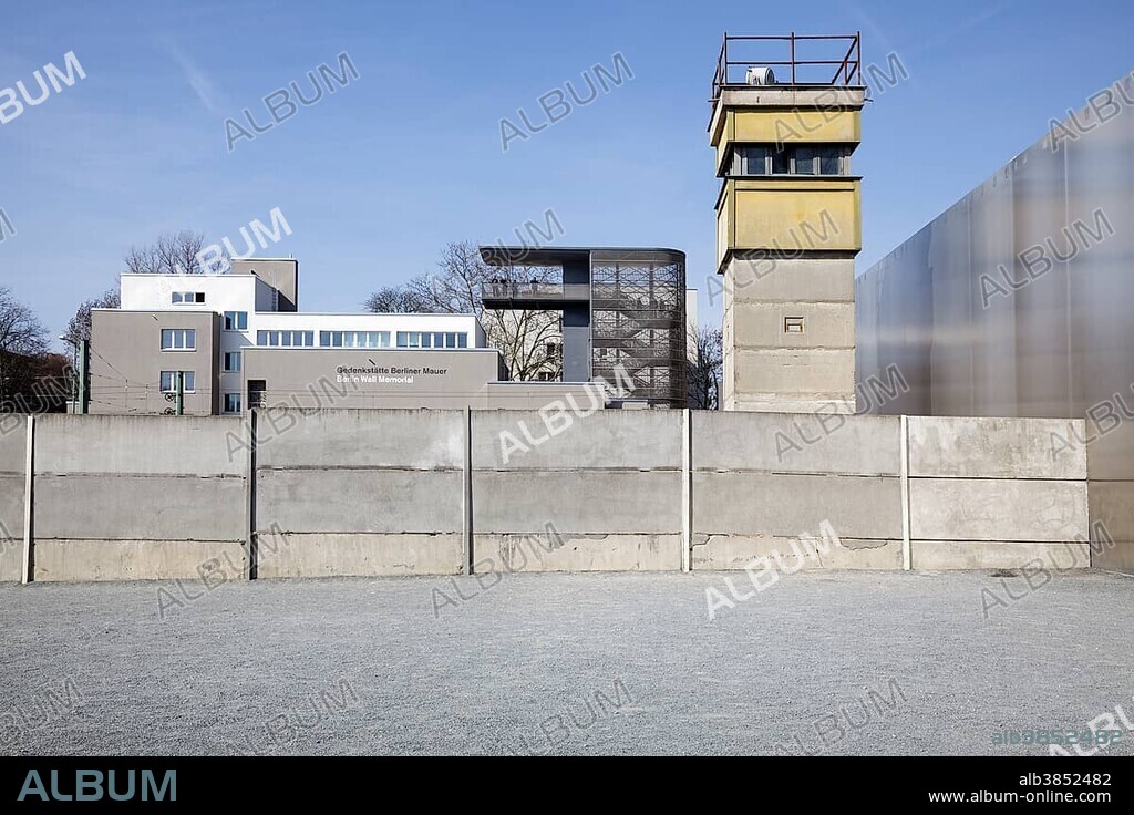 Berlin Wall memorial center with former guard tower and modern viewing platform, Berlin, Germany, Europe.