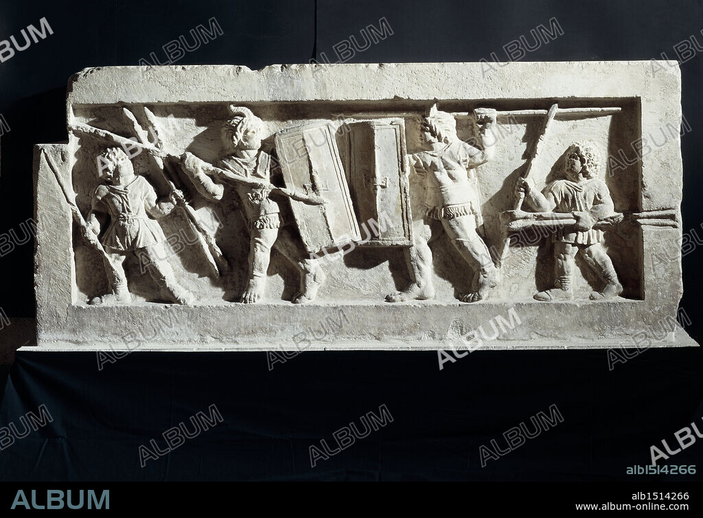 Roman civilization, 2nd-1st century b.C. Relief portraying a battle between Romans and Italic people. From Preturo, L'Aquila Province, Italy.