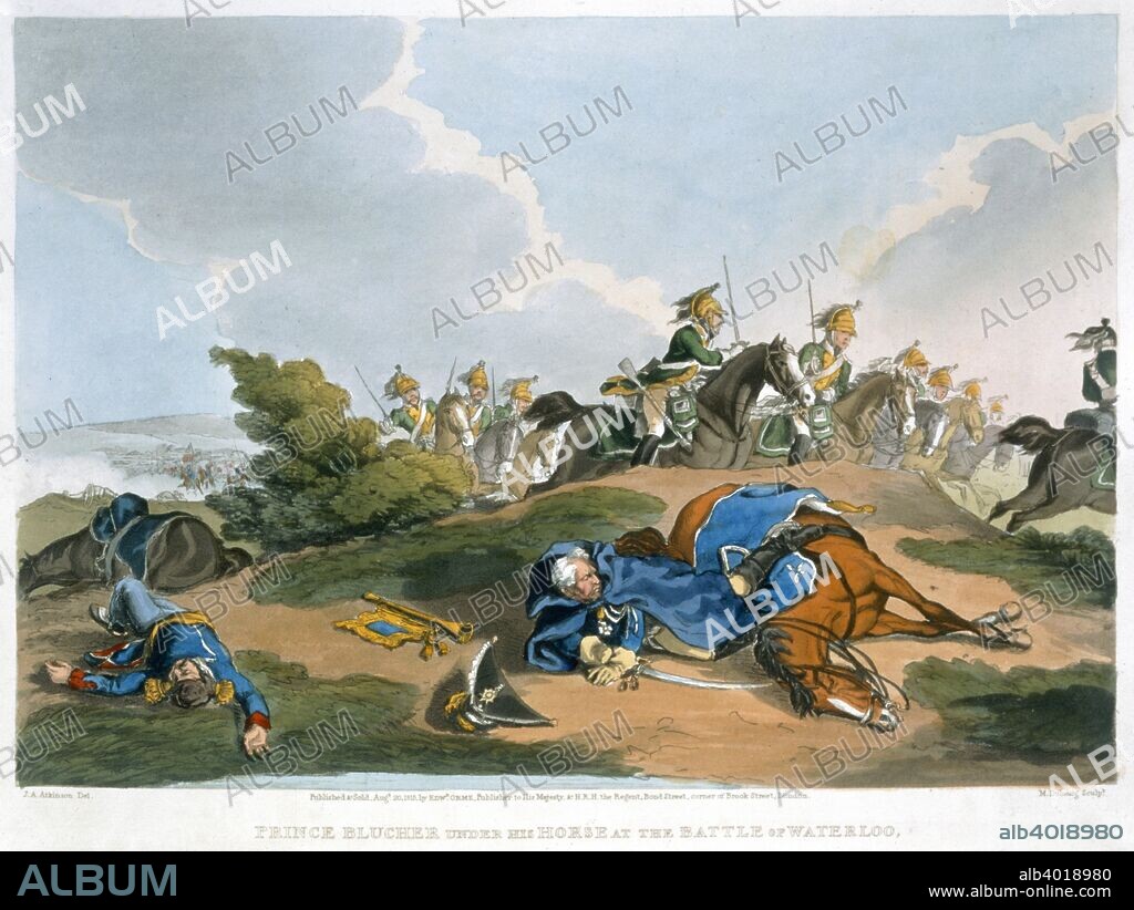 'Prince Blucher under his Horse at the Battle of Waterloo', 1815. The intervention of Field Marshal Blucher's Prussian army made a vital contribution to Wellington's victory at Waterloo. The incident depicted, where Blucher was trapped for several hours beneath his horse after it was shot and killed, actually occurred at the Battle of Ligny, two days before the larger engagement at Waterloo. From Historic, Military and Naval Anecdotes, published by Edward Orme.