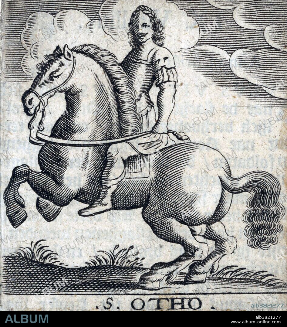 Otho (April 28, 32 - April 16, 69) was Roman Emperor for three months, from January 15 - April 16, 69. He was the second emperor of the Year of the Four Emperors. Otho introduced his beautiful wife, Poppaea Sabina, to Nero. She quickly became his mistress, divorced Otho and had the Emperor send him away. In 68 AD the future Emperor Galba, rose in revolt against Nero and Otho accompanied him to Rome. Otho entered into communication with the discontented Praetorians, and he was hailed by them as their emperor on January 15, 69. He read through Galba's private correspondence and realized the extent of the revolution in Germany, where several legions had declared for Vitellius, and were already advancing upon Italy. At the Battle of Bedriacum about 40,000 men were killed in the fighting. Othonian troops fled back to their camp. The next day they surrendered and took the oath of allegiance to Vitellius. Otho decided to commit suicide rather than cause more deaths, and stabbed himself in the heart. One of a set of 12 engravings of Roman emperors on horseback, 17th century.