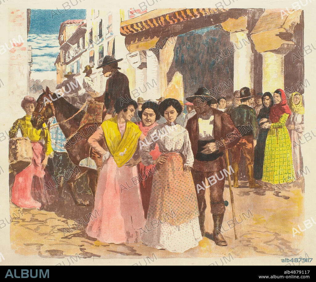 Alexandre Lunois, French, 18631916, Street Scene in Lagartera, Spain, c. 1897, Color lithograph on Japan paper, image: 14 9/16 x 17 5/16 in. (37 x 44 cm).