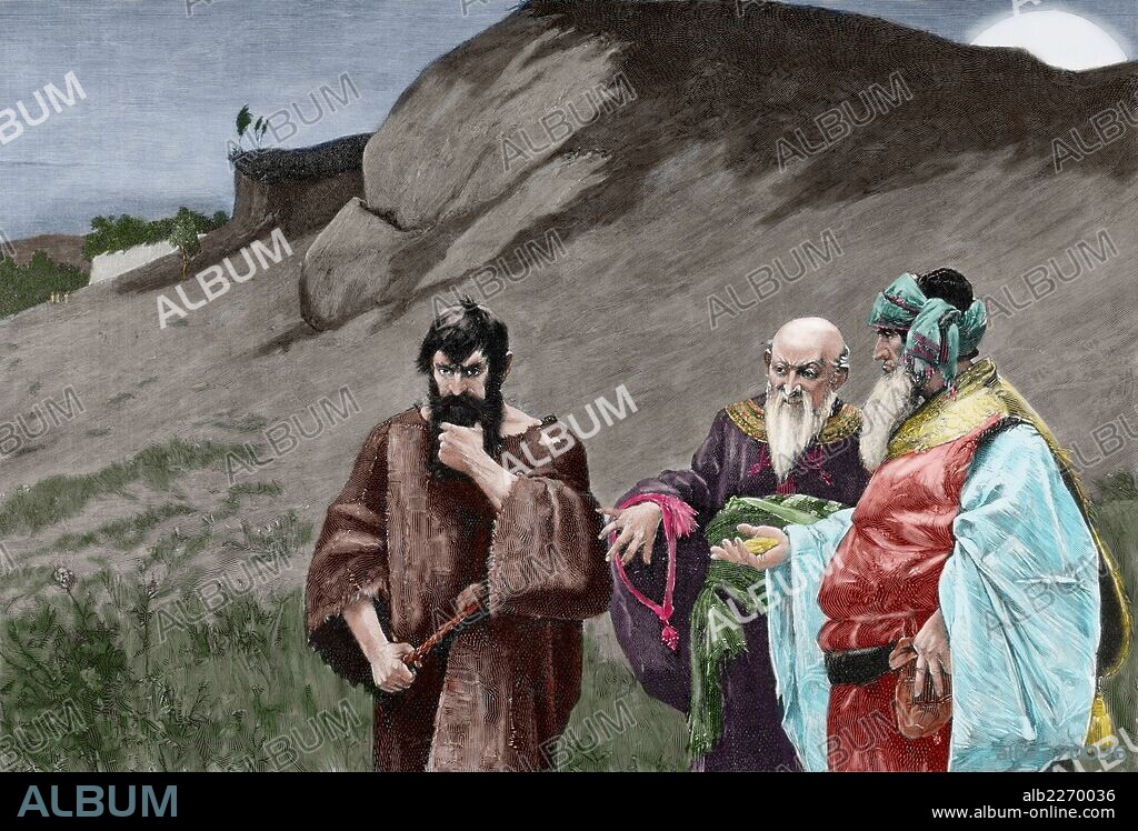 RICHARD BONG. Judas Iscariote (M. 27-33 d. C). Uno de los apóstoles de Jesús de Nazaret. Siguió a su maestro durante su predicación por Judea y Galilea. Traicionó a Jesús revelando a los miembros del Sanedrín el lugar donde podían capturar a su Maestro sin que sus seguidores interfiriesen. Grabado por Bong "La Ilustración Artística", año 1888. Coloreado.