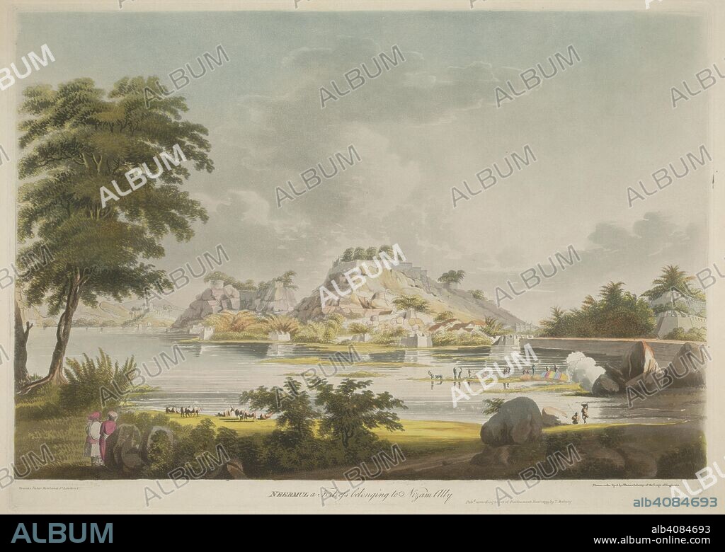 F JUKES. 'Neermul, a fortress belonging to Nizam Ally'. Nizam Ali Khan was as an ally of the British in the Third Mysore War against Tippu Sultan, the Raja of Mysore. Hindoostan Scenery consisting of Twelve Select Views in India. 1798 - 1799. Coloured aquatint. Source: X657(4). Language: English.