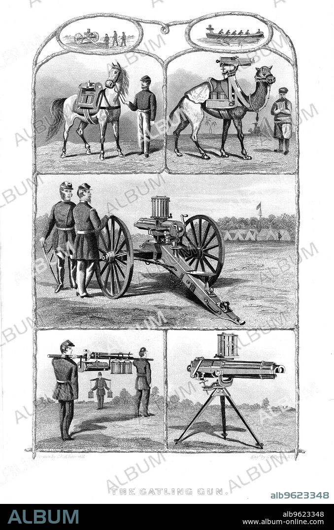 SIR WILLIAM GEORGE ARMSTRONG. Gatling rapid fire guns, 1862. Various models of the machine gun patented by American inventor Richard J Gatling in 1862. The weapon, a hand-cranked multiple-barrelled rotary gun, was capable of firing 3000 rounds a minute. From The Science Record. (New York, 1862).