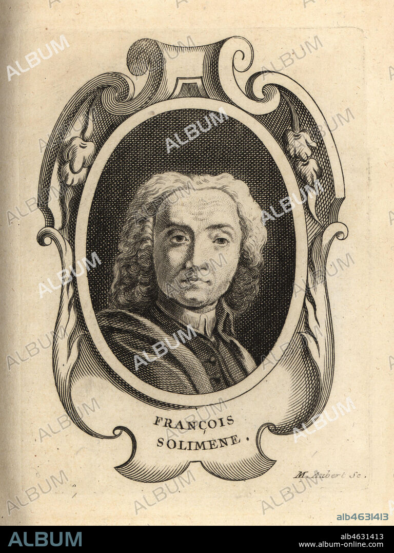 Portrait of Francesco Solimena, Italian Baroque painter 1657-1747. Francois Solimene. Copperplate engraving by M. Aubert after a self portrait by Solimena from Antoine-Joseph Dezallier dArgenvilles Abrege de la vie des plus fameux peintres, Lives of the most Famous Artists, de Bure lAine, Paris, 1762.