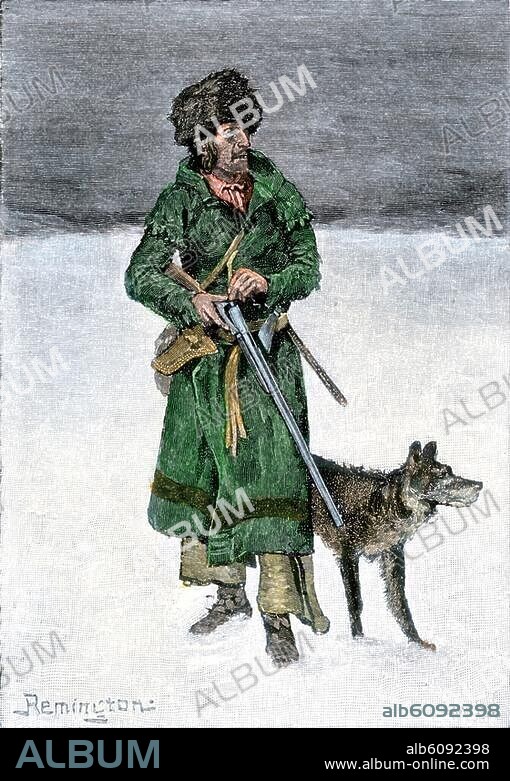 French-Canadian trapper in the snow. Handcolored 19thcentury woodcut of a Frederic Remington illustration.