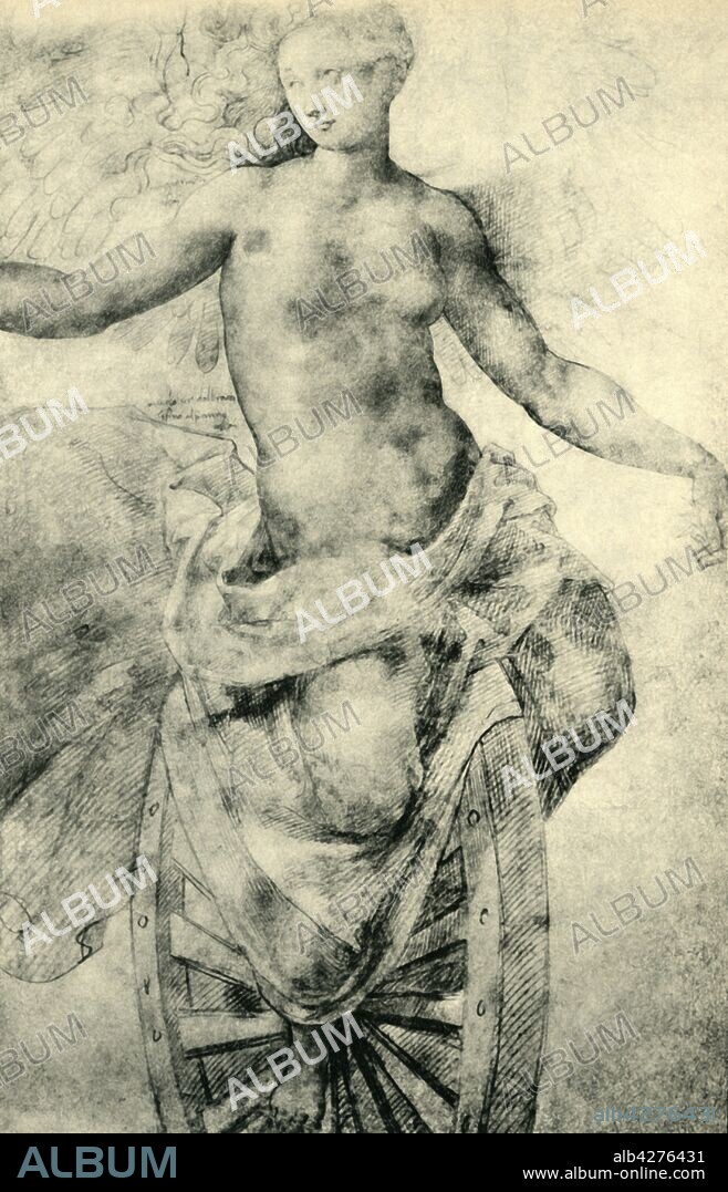 ALESSANDRO ALLORI. The goddess Fortuna, late 16th-early 17th century, (1943). Fortuna, the personification of luck in Roman mythology, riding the Rota Fortunae (wheel of fortune). Drawing in the Uffizi Gallery, Florence. From "Europäische Handzeichnungen", (Five Hundred Years of European Drawings), by Bernhard Degenhart. [Atlantis-Verlag Berlin, Zürich, 1943].