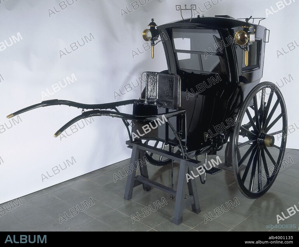 Hansom cab, 19th century. Invented by Joseph Hansom in 1834 the hackney vehicle named after him was popular from the 19th century until the motor cab superseded it during the period from 1905 to 1912. It was a closed two-wheeled carriage drawn by a single horse. The interior seat faced forward for two passengers and the driver sat outside on a high seat behind the body of the cab.