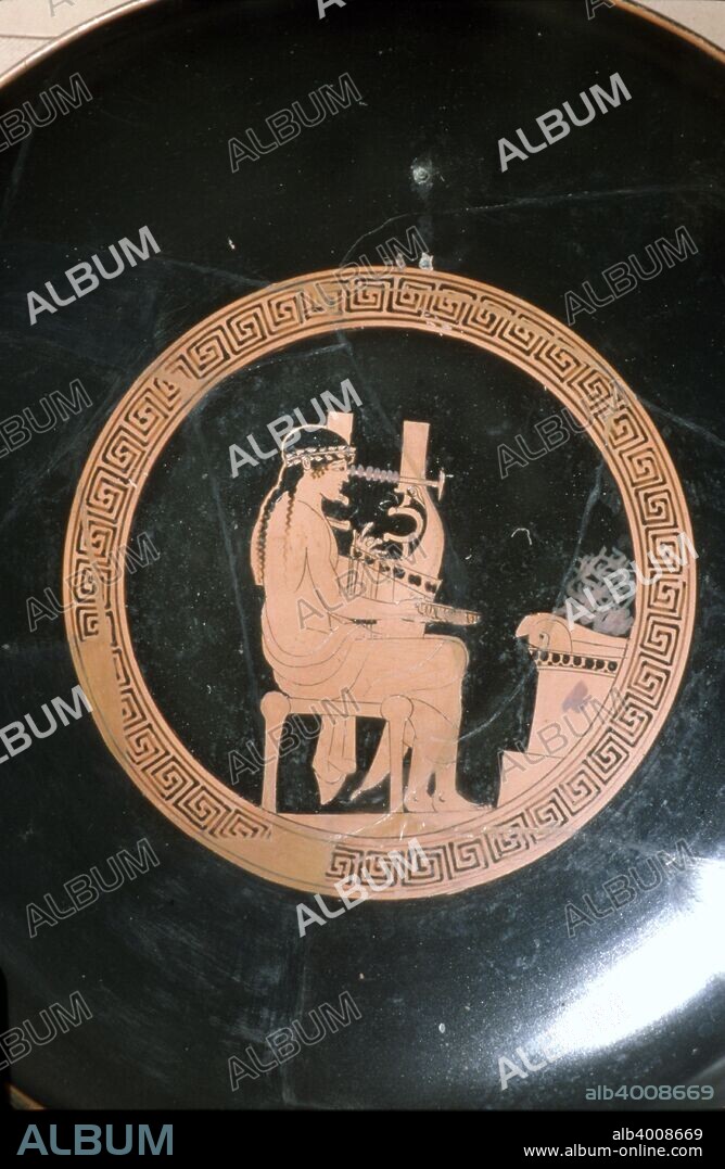 Greek Vase Painting. Lyre Player, Attic Red Figure Cup, c5th century BC.