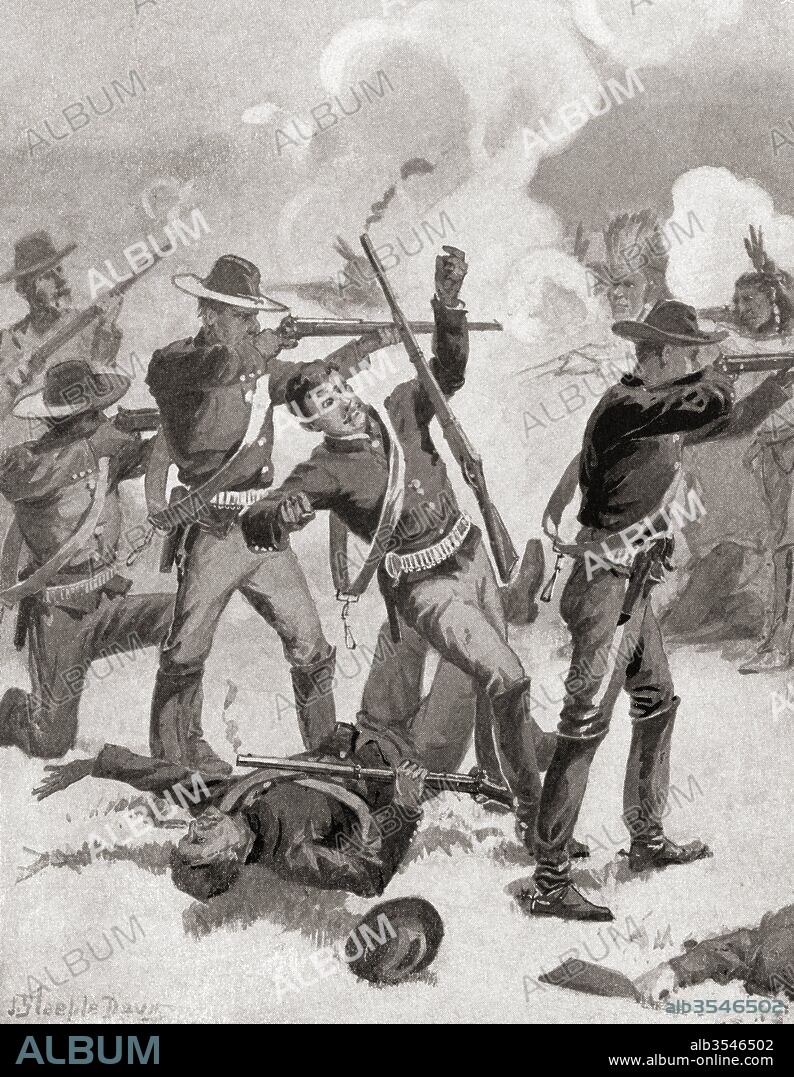 The Wounded Knee Massacre, December 29, 1890, near Wounded Knee Creek, on the Lakota Pine Ridge Indian Reservation, South Dakota, United States of America. From The History of Our Country, published 1900.