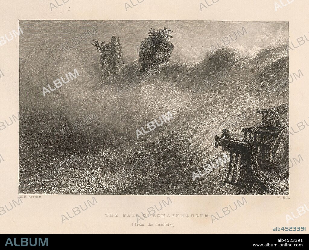 The fall of Schaffhausen. (From the Fischetz), View of the Rhine Falls, Signed: W. H. Bartlett, W. Hill, Plate 4, after p. 24 (Vol. 2), Bartlett, William Henry; Hill, W., 1836, William Beattie, Switzerland. London: Virtue, 1836.