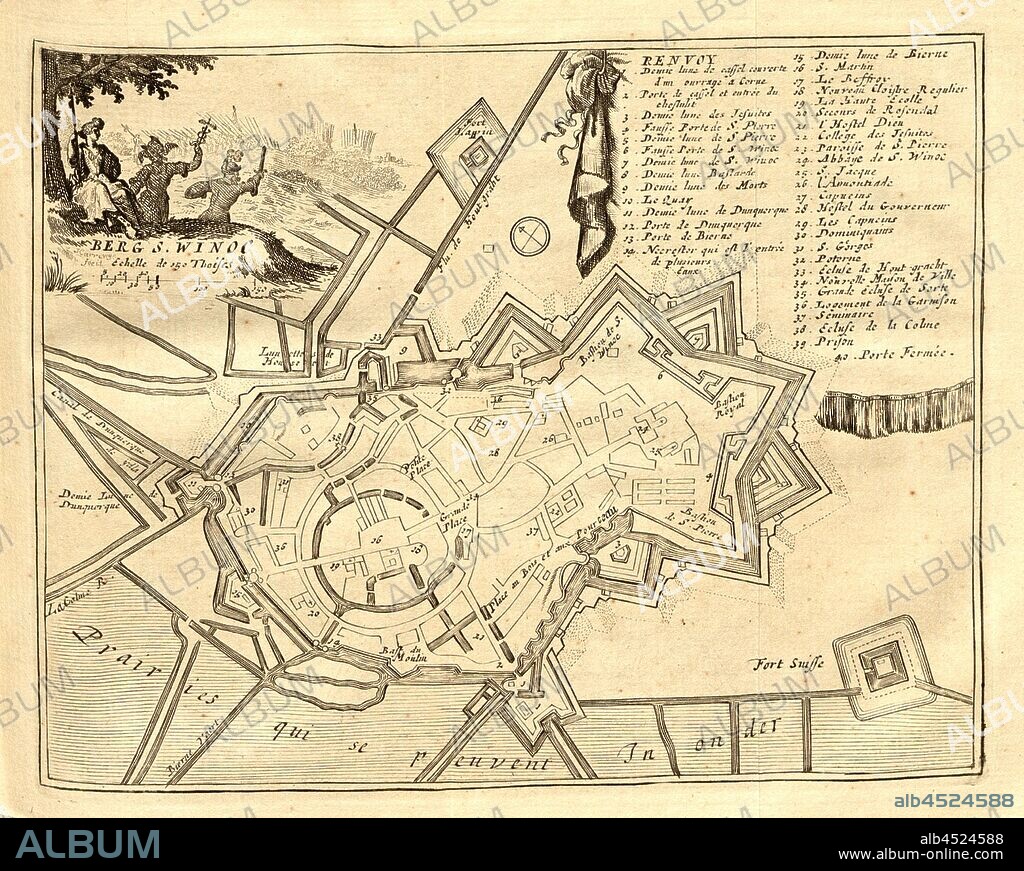 Berg S. Winoc, Plan of the town of Bergues in France, Taf. 7, according to p. 36, [Jean-Baptiste Christyn]: Les délices des Pays-Bas ou description géographique et historique des XVII provinces belgiques. Bd. 3. Liège: chez J. F. Bassompierre, père, MDCCLXIX.