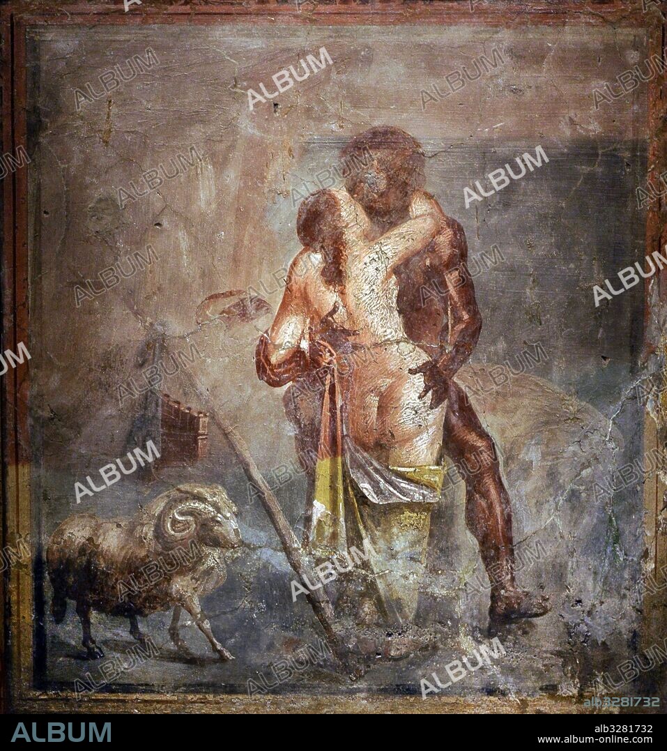 Cyclops Polyphemus kissing the nymph Galtea. Roman fresco. Pompeii, Domus of Capitelli Colorati, 1st century AD. National Archaeological Museum, Naples. Italy.