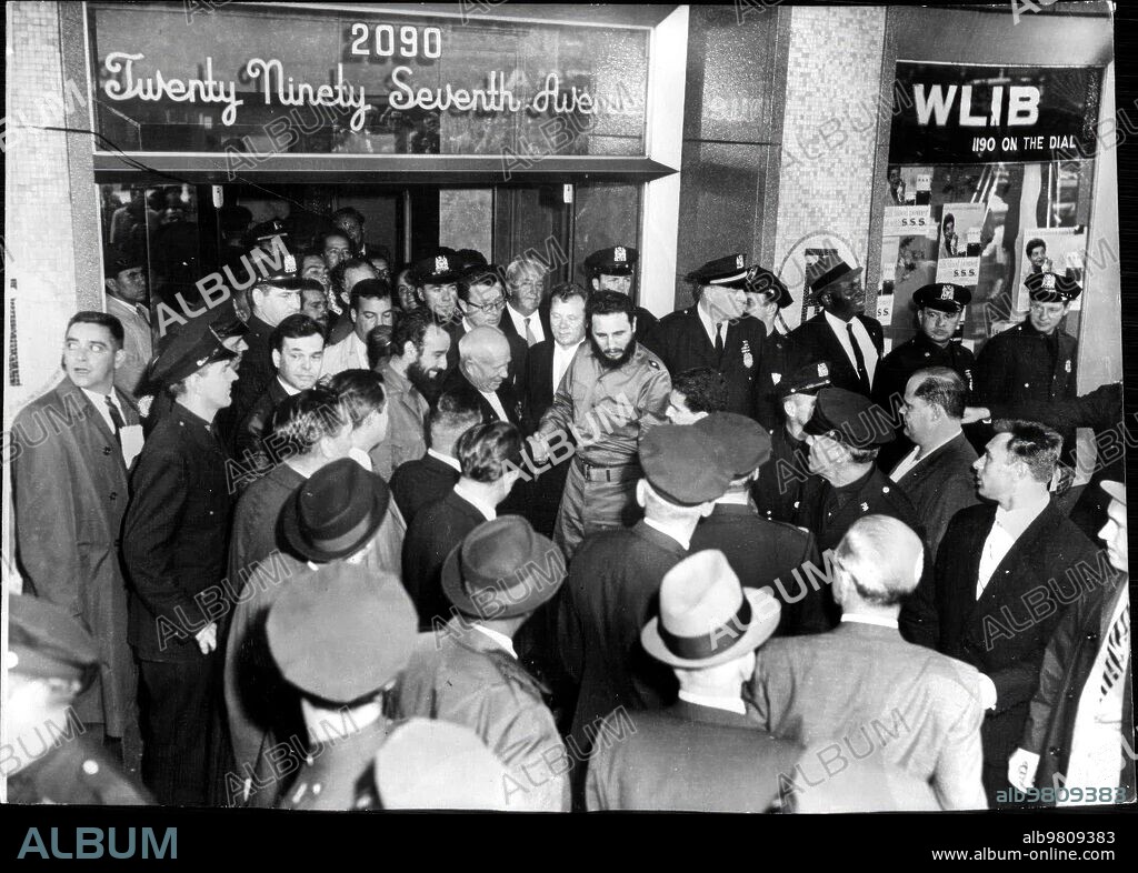 September 25, 1960. Fidel Castro and Nikita Khrushchev in front of the Theresa Hotel in New York, where they arrived to attend the United Nations summit.