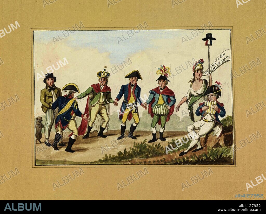 Alle landen dansen naar het pijpen van Frankrijk, 1795. Vijf gekleurde tekeningen naar spotprenten (1795) (title on object). Draughtsman: anonymous. Dating: 1795. Place: Netherlands. Measurements: h 152 mm × w 221 mm.
