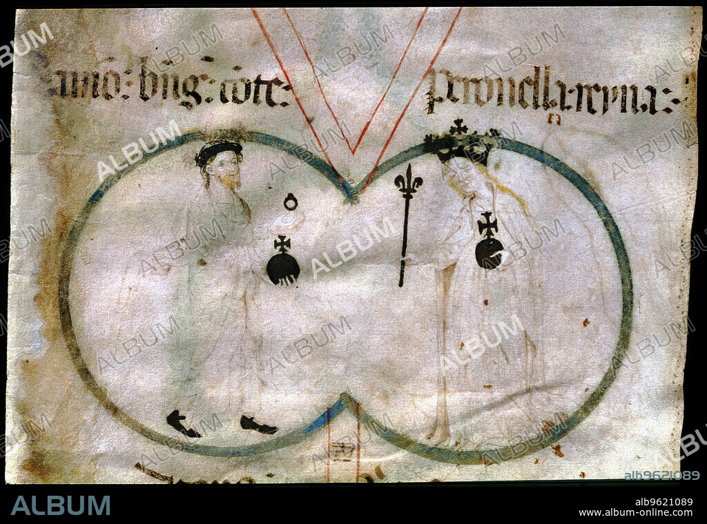 Ramón Berenguer IV (1113-1162), count of Barcelona and prince of Aragón, and Petronila (Peronella) (1136-1173), queen of Aragón and countess of Ribargorza, Sobrarbe and Barcelona. Miniature in a 15th century parchment entitled 'Genealogy of the Kings of Aragon and Counts of Barcelona', preserved in the archives of the Poblet Abbey.
