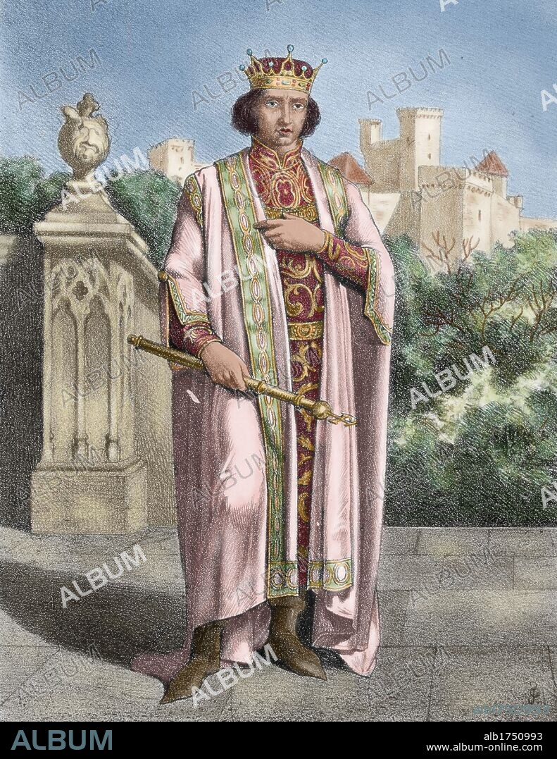 Henry IV (1425-1474). King of the Crown of Castile (1454-1474), nicknamed the Impotent. He was the last of the weak late medieval kings of Castile. Colored engraving.