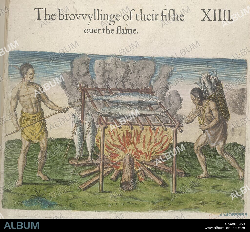 THEODOR DE BRY, WILLIAM STRACHEY and JOHN WHITE. 'The brovvyllinge of their fish ouer the flame'. Engraving of fish being grilled over a wood fire. Four corner stakes enclose the fire, and support a simple grill. Two fish are placed on this; and at the side, two other fish are impaled on small upright sticks. A Native Indian holds a long stick, forked at the end, as another appears with a basket of fish on his back. . Travels through Virginia.[From Theodor De Bry's 'America', Vol. I, 1590, after a drawing of John White]. England; 1618. Source: Sloane 1622, f.83. Language: English.