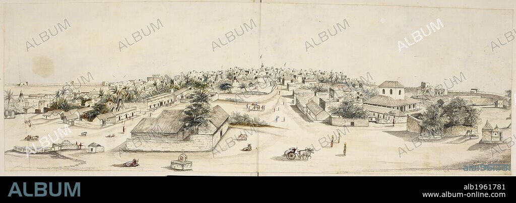 H H. Drawing of Porbandar in Gujarat. A village or town with small buildings and a wide street. Porebunder. 24 May 1873. Album of 29 drawings of views in Kathiawar State. â€˜Porebunder. 24 May 1873. HH.â€™. Source: WD 4413 ff.7v-8. Language: English.