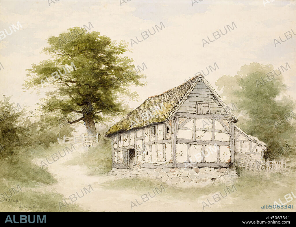 Old Half-Timbered Barn Near Maxstoke, Warwickshire,, John Alsop (b. 1829, d. 1909), Signed: 'J.Alsop' ,dated 'July 14th'. Handwritten in pencil below:- 'Old barn near a Fordrough between the Moat House Farm and Hawkeswe Ll Farm Packington, Warwickshire.', Watercolour, Topographical Views, Midlands, Topographic, Farming, Architecture, Barn, England, Warwickshire.