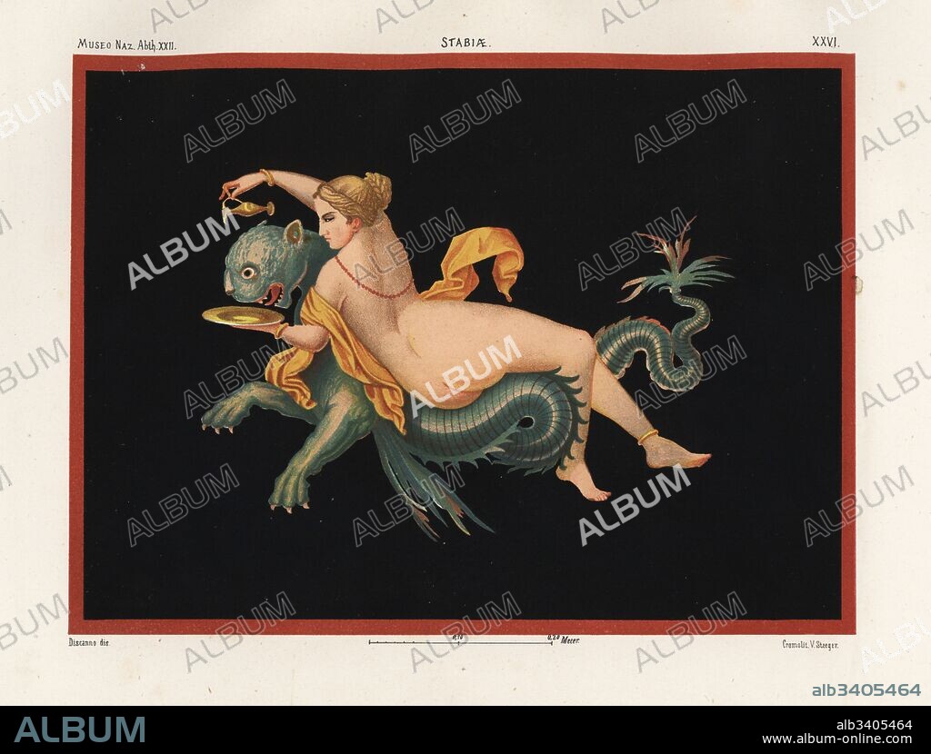 Nereid sea nymph supported by a monster, half panther and half fish. Museo Naz. XXII, Stabiae. Chromolithograph by Victor Steeger after an illustration by Geremia Discanno from Emile Presuhn’s Les Plus Belles Peintures de Pompei (The Most Beautiful Paintings of Pompeii), Leipzig, 1881.