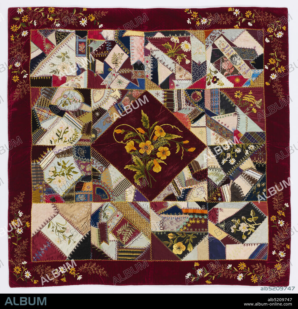Cover, Frances Kingsley Reed, (American, 18451902), Medium: silk Technique: embroidered on patchwork of woven fabric and ribbons, Patchwork cover made from a variety of woven fabrics and ribbons. Diamond shape in the center with a triangle on each side to form a central square surrounded by twelve squares plus an outer border. Each square contains an embroidered naturalistic flower., Anderson, South Carolina, USA, ca. 1870, embroidery & stitching, Cover.