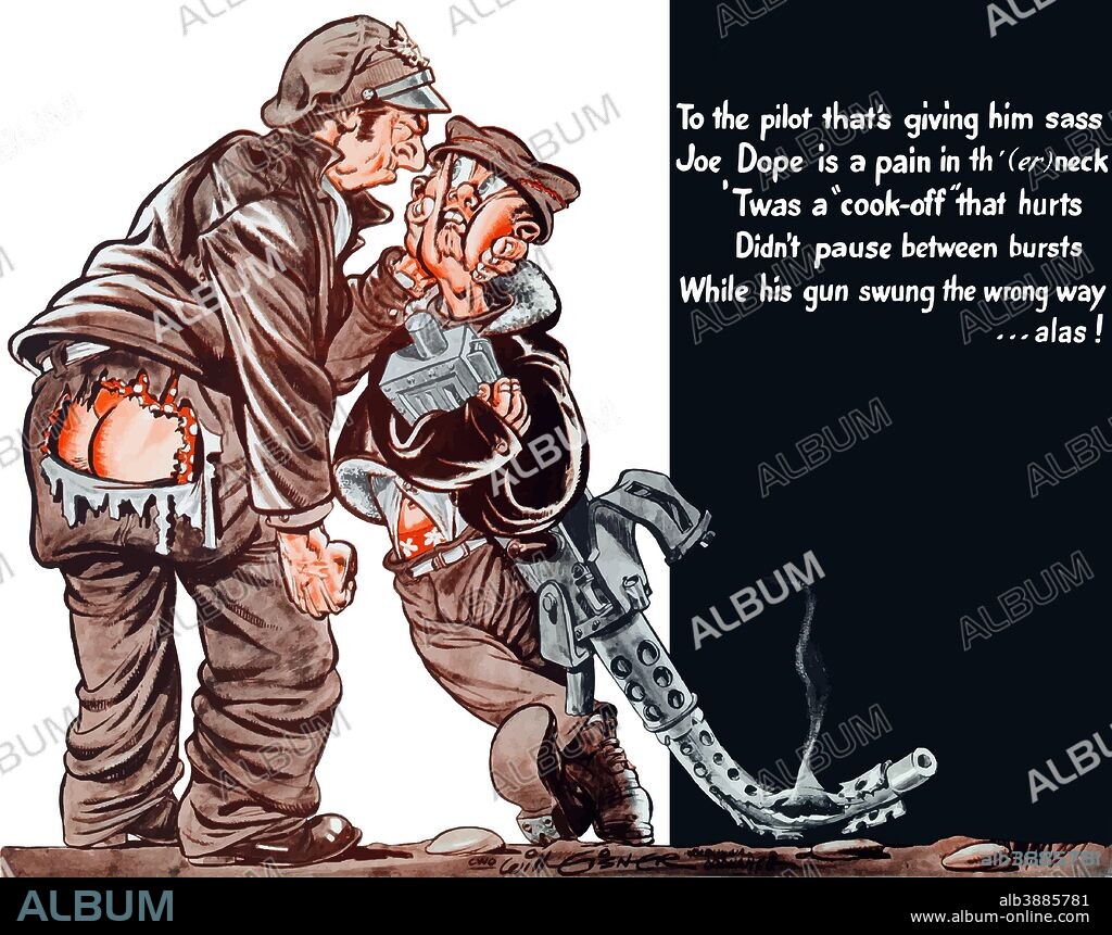 Vintage World War II poster of a cartoon pilot choking a gunner who's holding a overheated machine-gun. It reads, To the pilot that's giving him sass Joe Dope is a pain in th' (er)neck 'Twas a cook-off that hurts Didn't pause between bursts While his gun swung the wrong way... alas!.