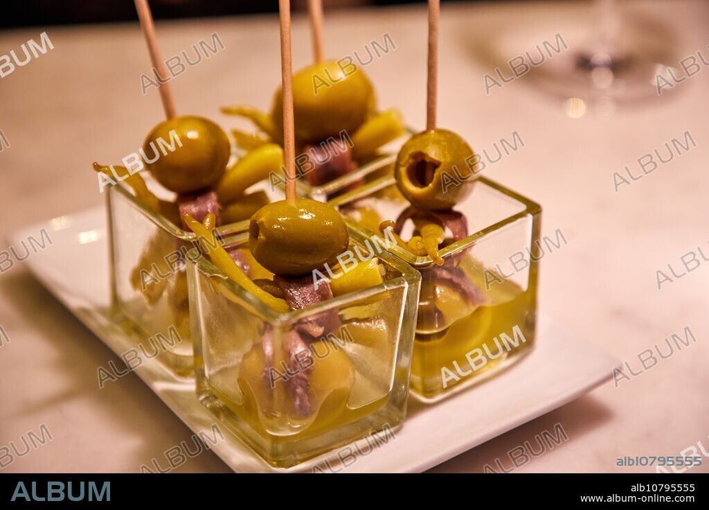 "Gilda", Typical Pintxo from Donostia, Old Town, Donostia, San Sebastian, Gipuzkoa, Basque Country, Spain, Europe.