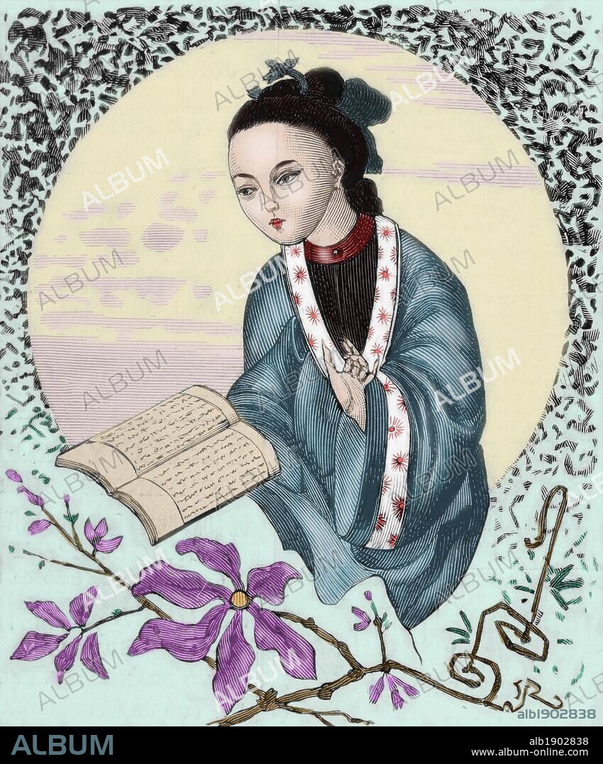 PAN-HOEI-PAN (S. I). Célebre literata china, autora de la obra intitulada "Principales deberes de la mujer". La Ilustración Española y Americana, 1886. Grabado por Vela. Coloreado.