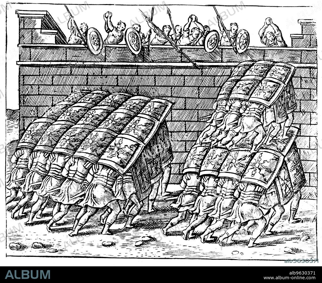 Roman soldiers attacking a fortress, 1605. The Romans form a 'tortoise' with their shields to protect themselves from missiles as they approach the walls. From Poliorceticon by Justus Lipsius. (Antwerp, 1605).