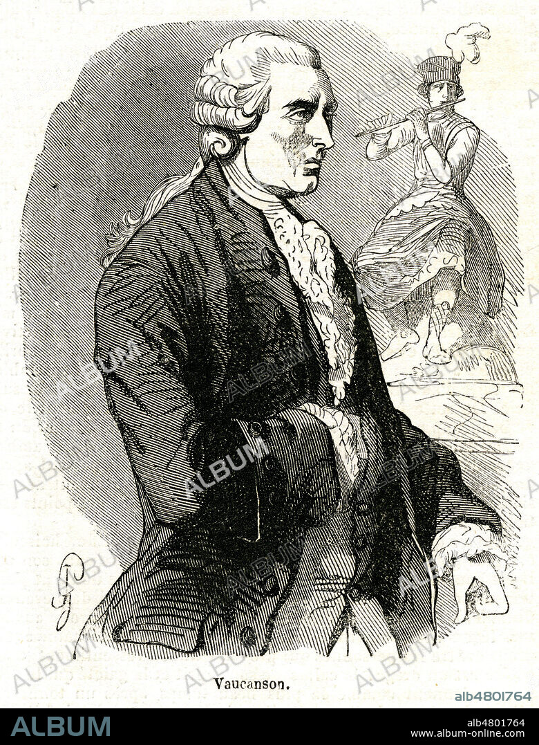 Jacques de VAUCANSON (1709-1782) et l'un de ses automates. Illustration vers 1850 de JANET-LANGE (1815-1872) pour Chroniques de l'Oeil-de-Boeuf par Georges TOUCHARD-LAFOSSE (1780-1847). Credit : Collection Jonas/Kharbine-Tapabor.