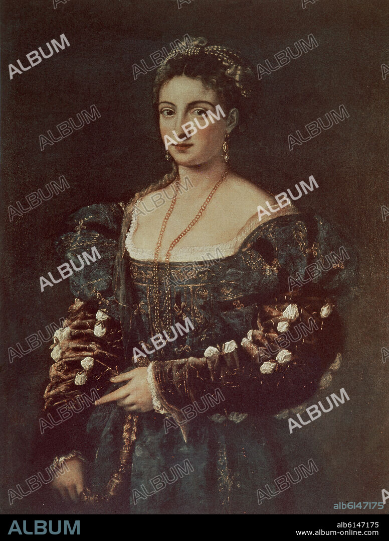 TIZIANO VECELLIO DE GREGORIO-TICIANO-. ISABEL DE ESTE Y ARAGON (1474-1539) - DUQUESA DE MANTUA Y MECENAS ITALIANA - ESPOSA DE FRANCISCO GONZAGA - SIGLO XVI - ESCUELA ITALIANA.