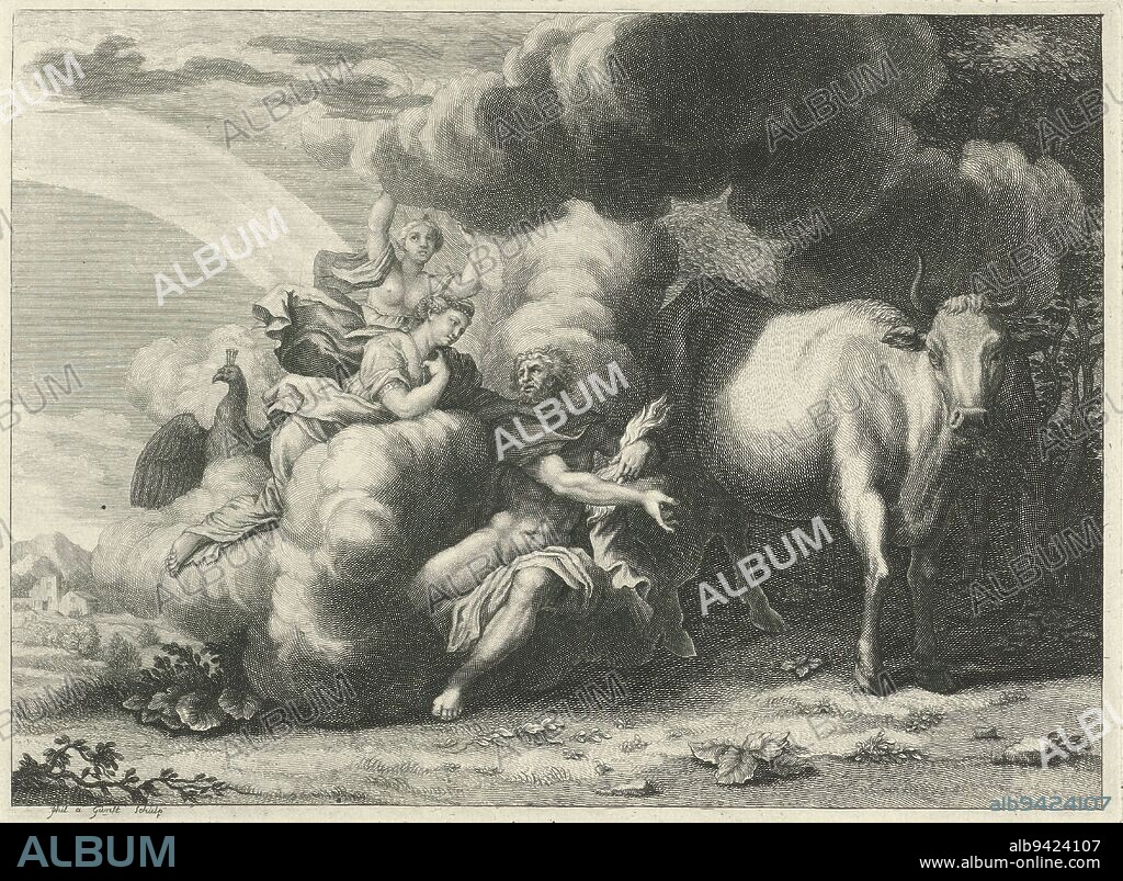 Jupiter gives the cow Io as a gift to Juno, Philip van Gunst, after Gerard de Lairesse, 1685 - 1732, Jupiter has turned Io, his lover, into a white cow to hide her from his wife Juno. Juno asks for the cow as a gift., print maker: Philip van Gunst, (mentioned on object), Gerard de Lairesse, (attributed to), Amsterdam, 1685 - 1732, paper, etching, engraving, h 163 mm × w 223 mm.