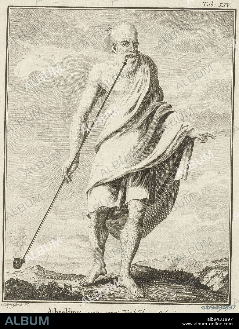 A pilgrim, scantily clad in a cloth draped around his body, is shown full-length. He is smoking a long pipe and making a blessing gesture with his left hand. Print marked top right: Tab: LIV. Turkish Pilgrim Image of an' Turkish Pilgrim, Figure d'un P, print maker: Christian Friedrich Fritzsch, (mentioned on object), intermediary draughtsman: Georg Wilhelm Baurenfeind, (mentioned on object), 1729 - 1774, paper, etching, h 215 mm × w 148 mm.