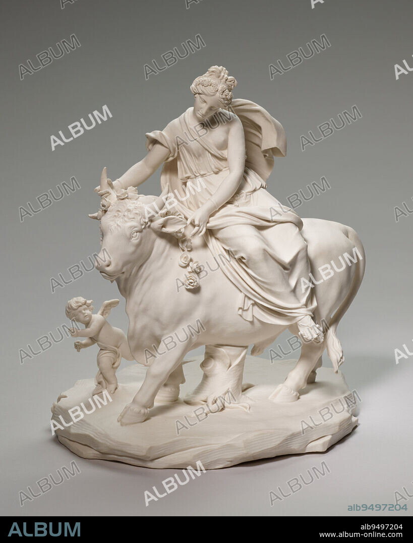 Europa and the Bull, c. 1785, Giovanni Volpato, Italian, 1733 - 1803, 10 1/2 x 9 1/4 x 7 1/4in. (26.7 x 23.5 x 18.4cm), Bisque porcelain, Italy, 18th century, This sculpture depicts the famous mythological tale in which Jupiter transforms himself into a bull to carry away the young, beautiful Europa. Cupid runs along side the bull.
