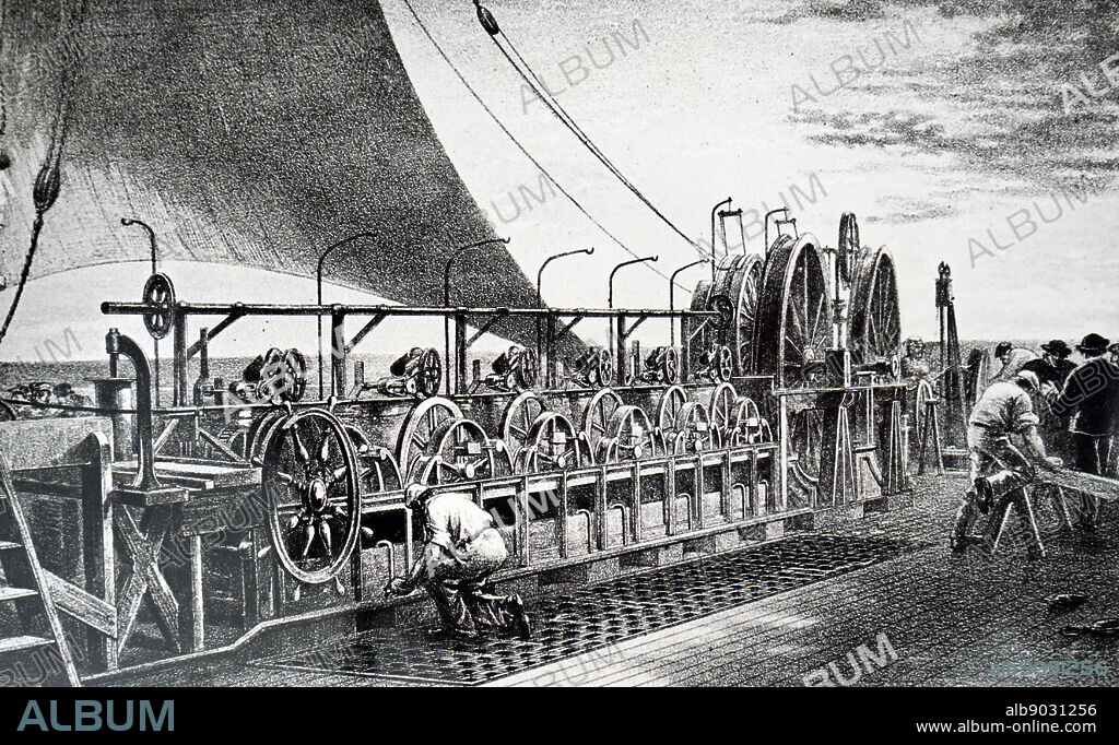 Print depicting the transportation of the cables used in the Atlantic Telegraph. The transatlantic telegraph cable was an undersea cable running under the Atlantic Ocean used for telegraph communications. Transatlantic telegraph cables have since been replaced by transatlantic telecommunications cables. Dated 19th century.