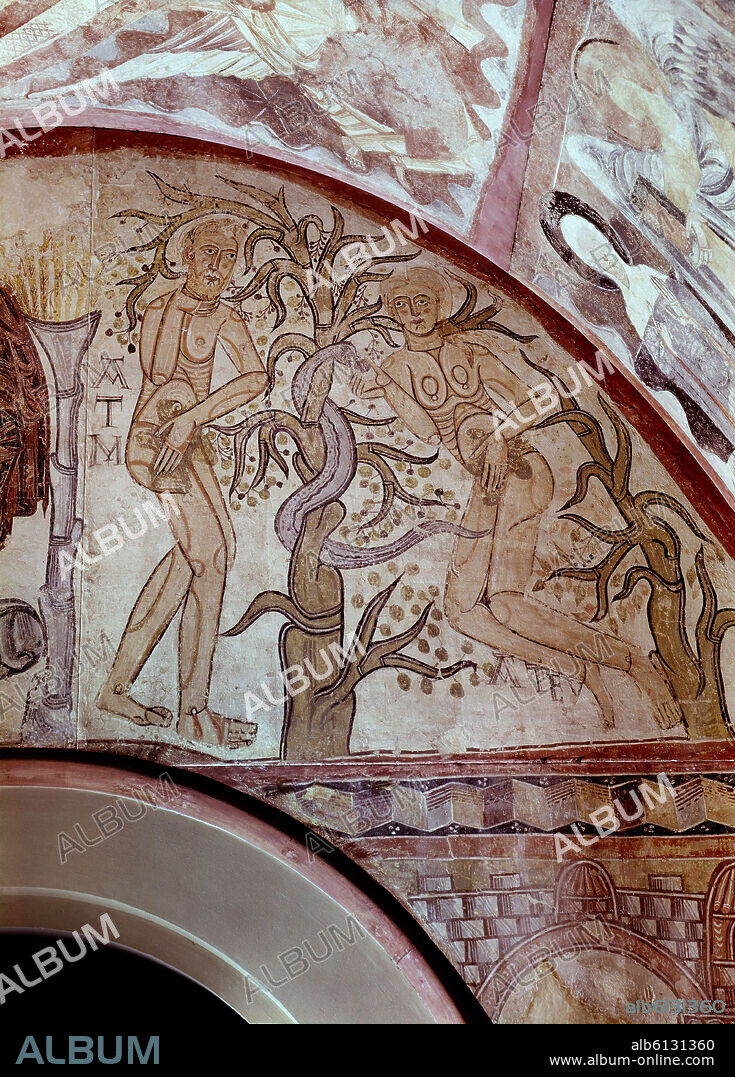 ANÓNIMO. EL PECADO ORIGINAL - PINTURA MURAL DE LA IGLESIA DE LA VERA CRUZ DE MADERUELO (SEGOVIA) - SIGLO XII - ROMANICO ESPAÑOL.