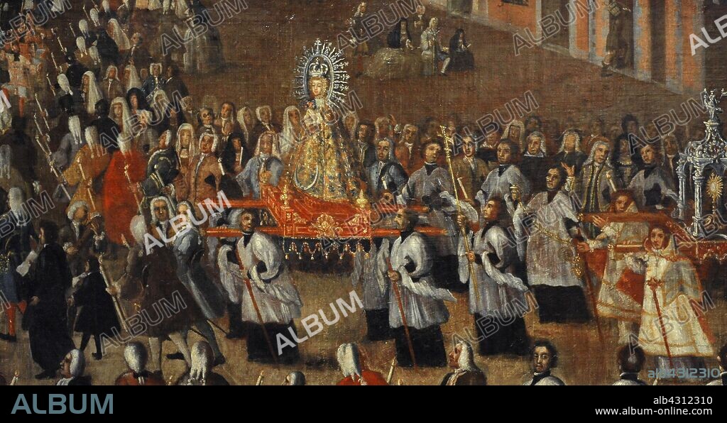 Procesión de la Virgen de Gracia en la Plaza de la Cebada, hacia 1741, obra de Manuel de Chozas. Detalle. Museo de Historia. Madrid. España.