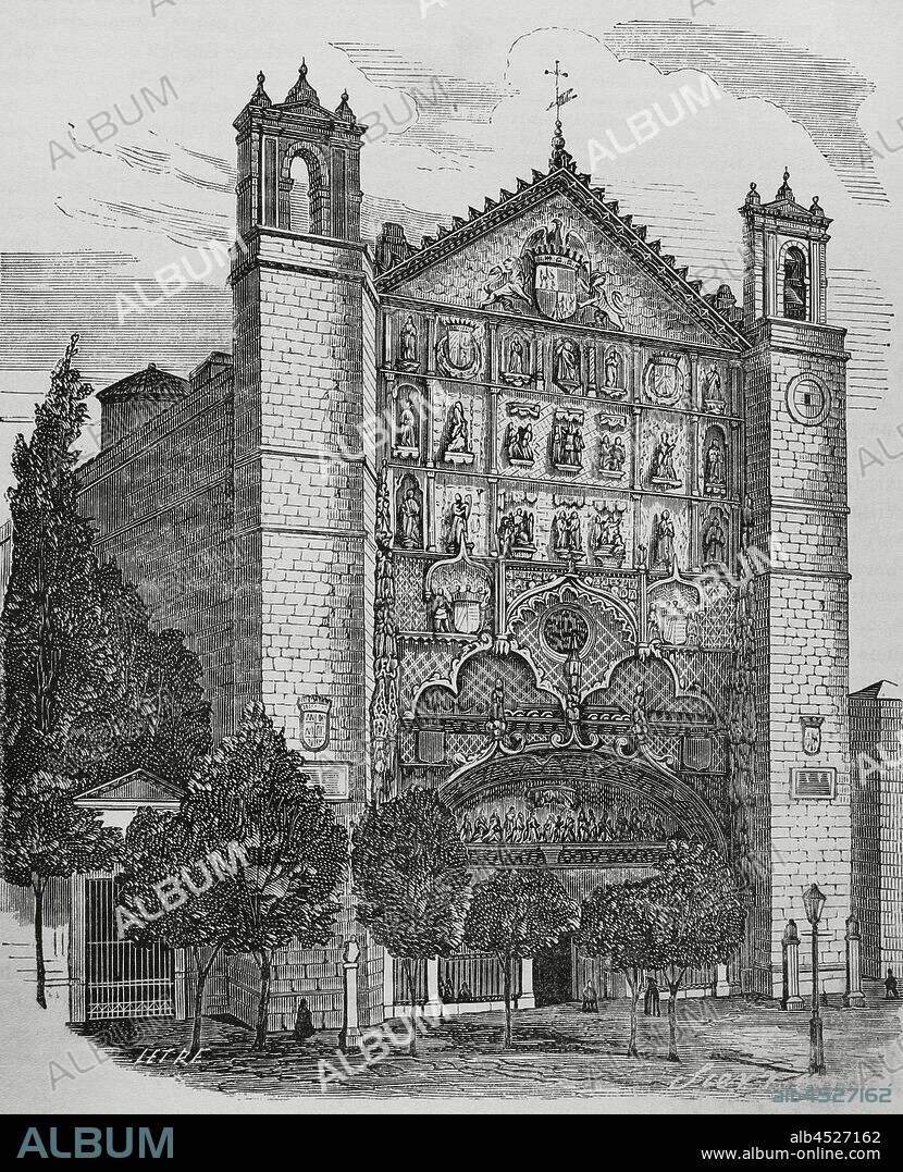 España. Valladolid. Iglesia de San Pablo. Vista de la fachada de estilo gótico-Isabelino. Dibujo por Letre. Grabado por Sierra. Crónica General de España, Historia Ilustrada y Descriptiva de sus Provincias. Tomo Asturias y León, 1867. Biblioteca Histórico Militar de Barcelona, Cataluña, España.
