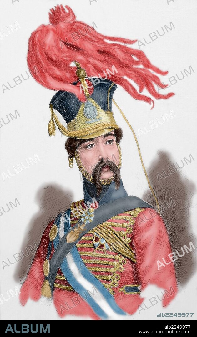 DIEGO DE LEON, Conde de Belasciaín (1807-1841). Militar español. Capitán general de Navarra durante la Primera Guerra Carlista. Del lado del ejército carlista. Exiliado al estallar la revolución de 1840. Conspiró en el intento de raptar a la reina Isabel II, junto con otros generales, como O'Donell. Fue condenado a muerte por un consejo de guerra, tras el fracaso. Grabado coloreado.