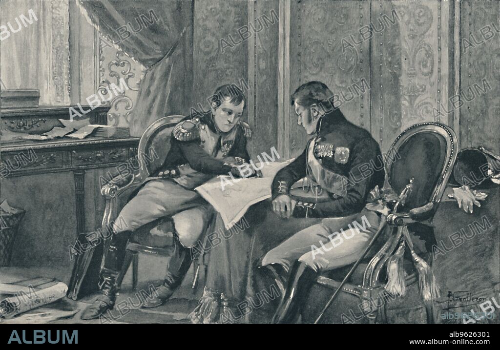 'Napoleon and Alexander at Tilsit Studying The Map of Europe', 1807, (1896). On 7 July 7 1807, Napoleon Bonaparte (1769-1821) and Czar Alexander I (1777-1825) agreed to dismember Prussia, and effectively split control of Europe between France and Russia. Engraving after the aquarelle by P Grolleron. From Life of Napoleon Bonaparte, Volume III, by William Milligan Sloane. [The Century Co., New York, 1896].