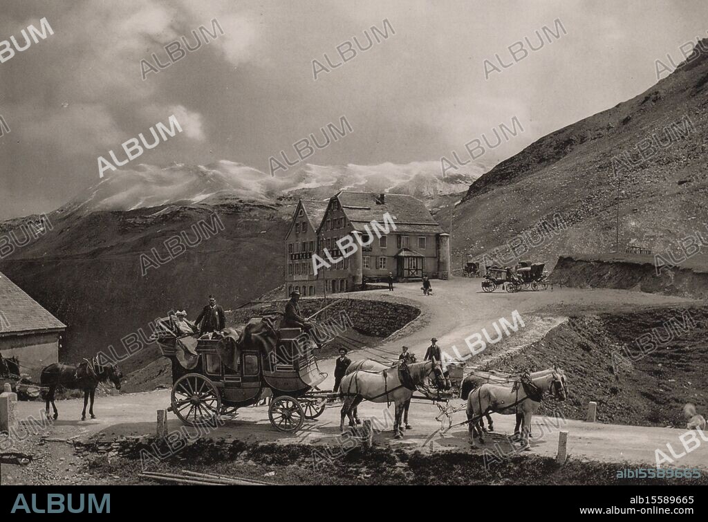 Stagecoach at Hotel Furka on the Furka Pass, Furka. Post & Hotel. (title on object), Part of Travel album with sights in Germany, Austria, Switzerland, Luxembourg and Belgium., photograph, anonymous, Switzerland, c. 1880 - in or before 1901, paper, collotype, height, 206 mm × width, 270 mm.
