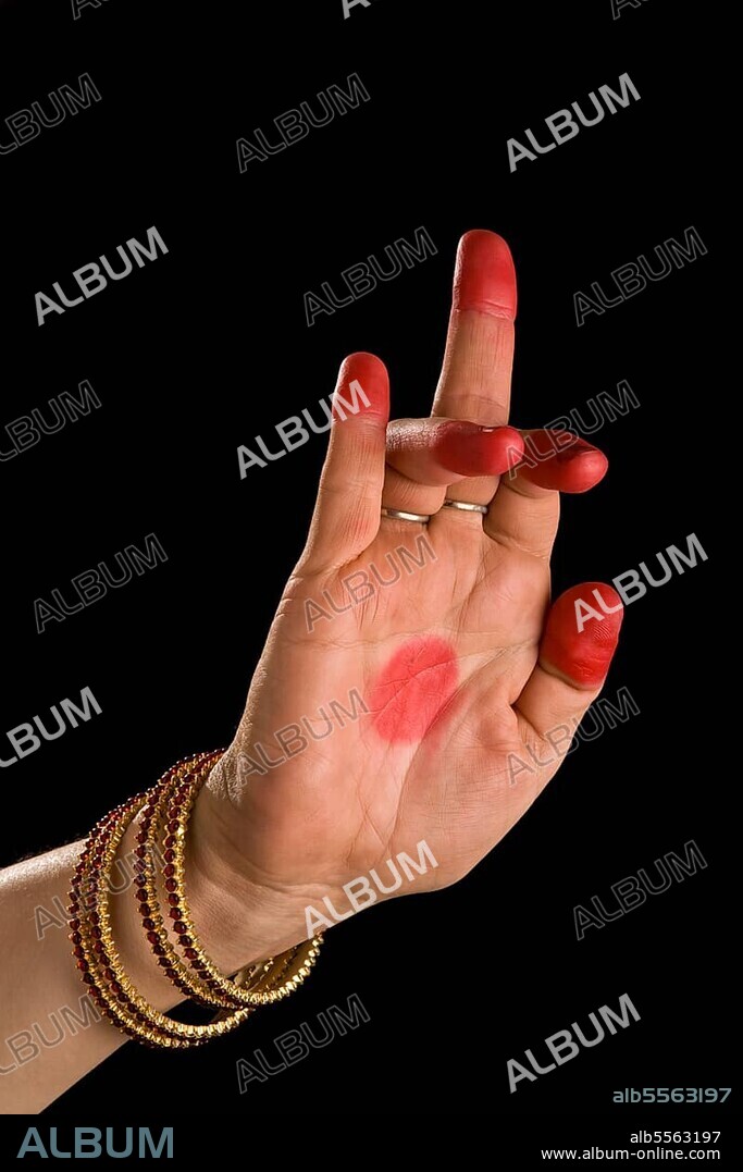 Woman hand showing Schukatunda hasta (hand gesture) (also called mudra) (meaning "Parrot's head") of indian classic dance Bharata Natyam. Also used in Indian dances Odissi and Kuchipudi