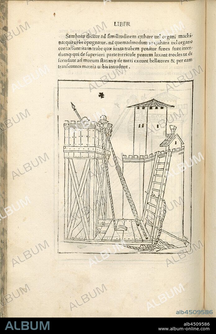 Construction for overcoming a moat, Medieval Warfare, War Equipment, Siege Technique, Conquest Construction, Overcoming a Fortress Tower, Escalade, Woodcut, S. 342, (Liber decimus), 1483, Roberto Valturio: [De re militari]. Verona: [Boninus de Boninis], [1483].