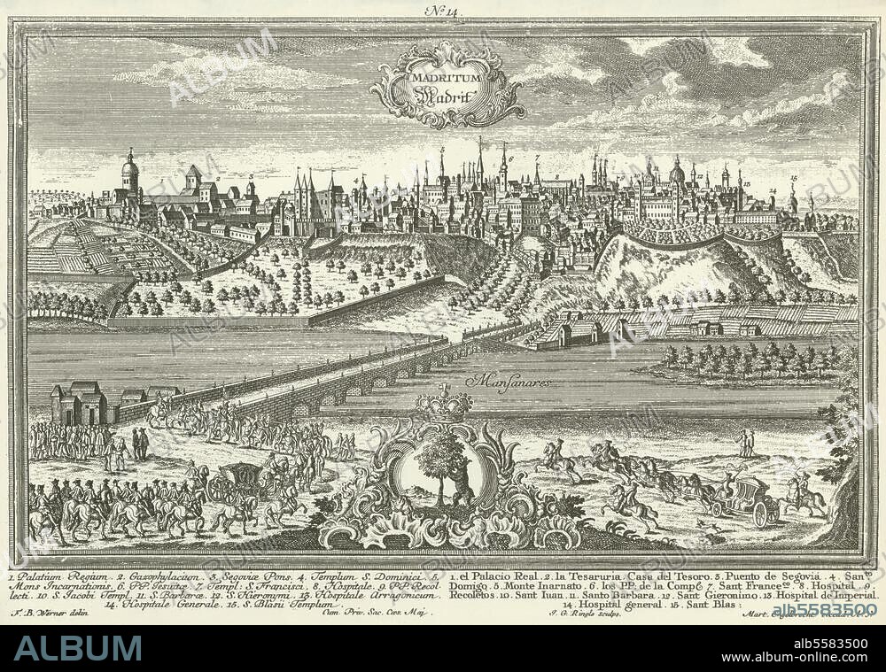 Madrid (Spain). View of the town Madrid. Copper engraving, c. 1740, by Johann Georg Ringlin (1691-1761) after Friedrich Bernhard Werner (1690-1778).