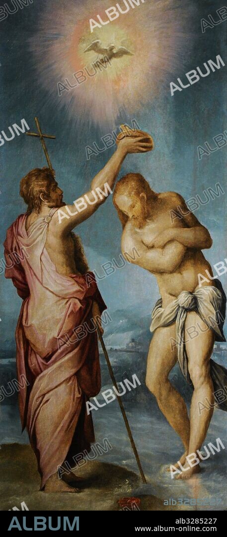 16 pinturas sobre tabla de la Sacristía de la Iglesia de San Giovanni a Carbonara en Nápoles. Obra del pintor italiano Giorgio Vasari (1511-1574), con la cooperación de Cristofano Gherardi (1508-1556). Finalizadas en 1546. Representa la historia del Antiguo Testamento y la Vida de San Juan Bautista. "Bautismo de Cristo". Museo de Capodimonte, Nápoles. Italia.