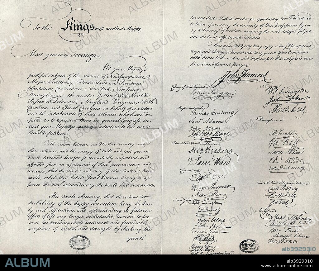 The Fitzwilliam copy of the Olive Branch Petition, 1775. The Olive Branch Petition was adopted by the Second Continental Congress on July 5, 1775, in a final attempt to avoid a full-on war between the Thirteen Colonies (states) in North America and Great Britain. A copy sent to King George III (1738-1820) by the Second Continental Congress. From The Connoisseur Volume LXXXIX. [The Connoisseur Ltd, London, 1932].